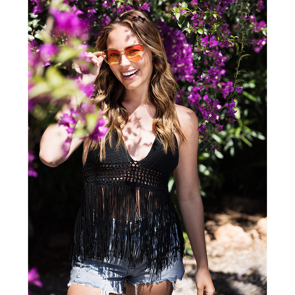 Top Frangé Noir Crochet - Style Bohème Sexy Années 70
