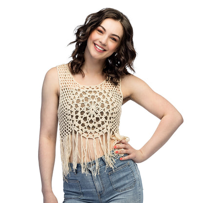 Top Crochet Frangé Beige - Accessoire Bohème Chic Femme