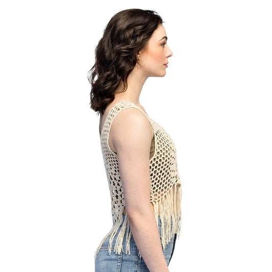 Top Crochet Frangé Beige - Accessoire Bohème Chic Femme