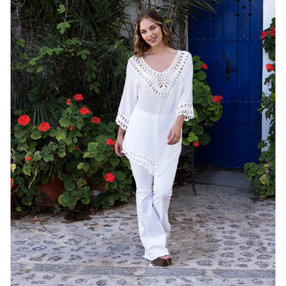Tunique Blanche Dentelle Col V - Chic et Bohème