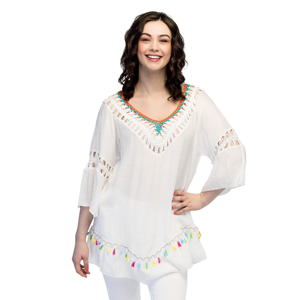 Tunique Blanche Bohème Chic avec Franges Colorées