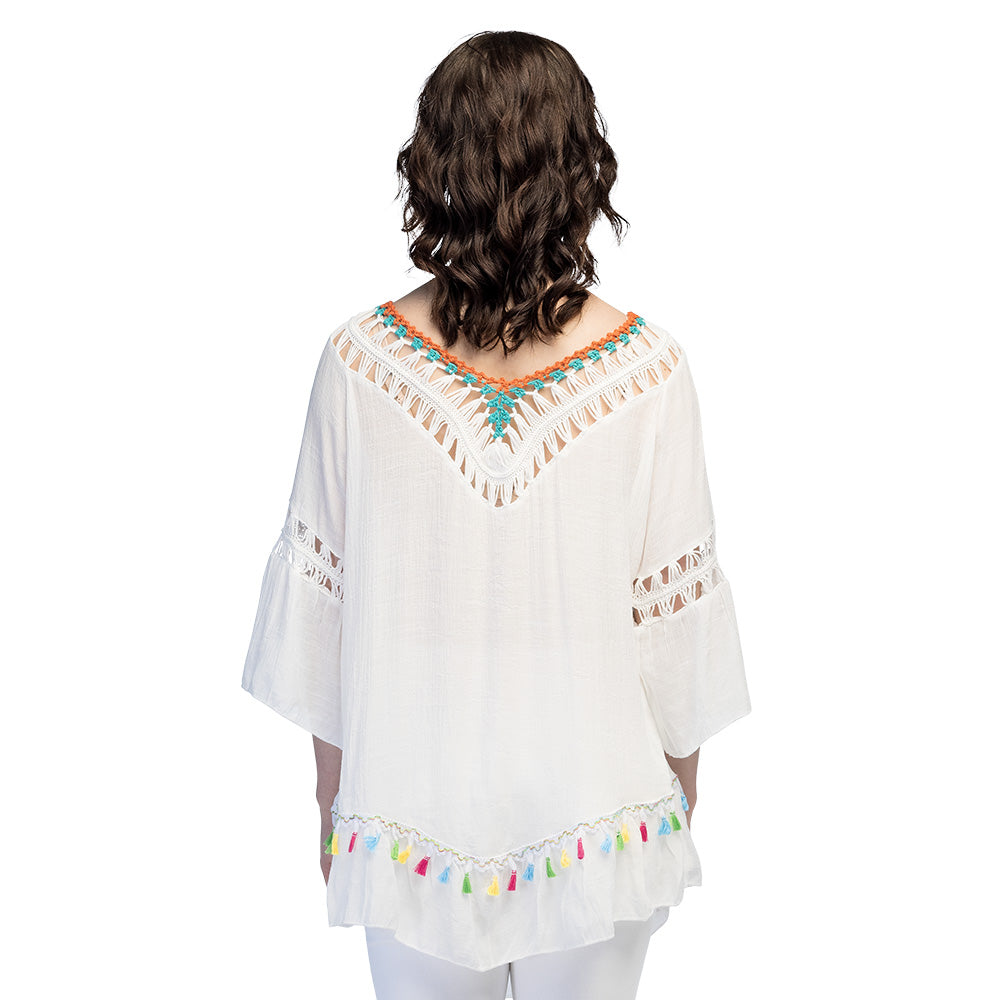 Tunique Blanche Bohème Chic avec Franges Colorées