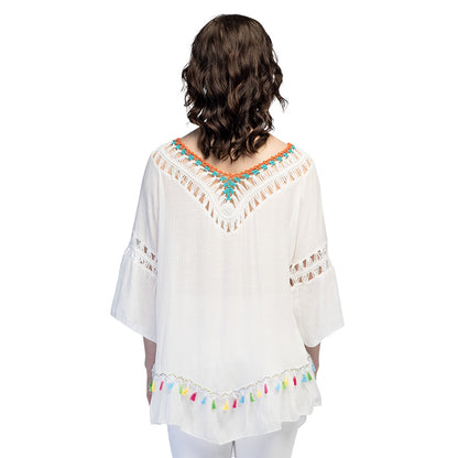 Tunique Blanche Bohème Chic avec Franges Colorées