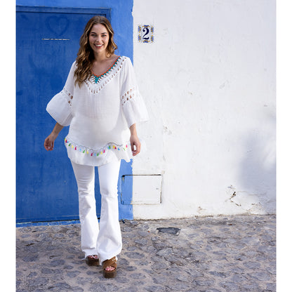 Tunique Blanche Bohème Chic avec Franges Colorées