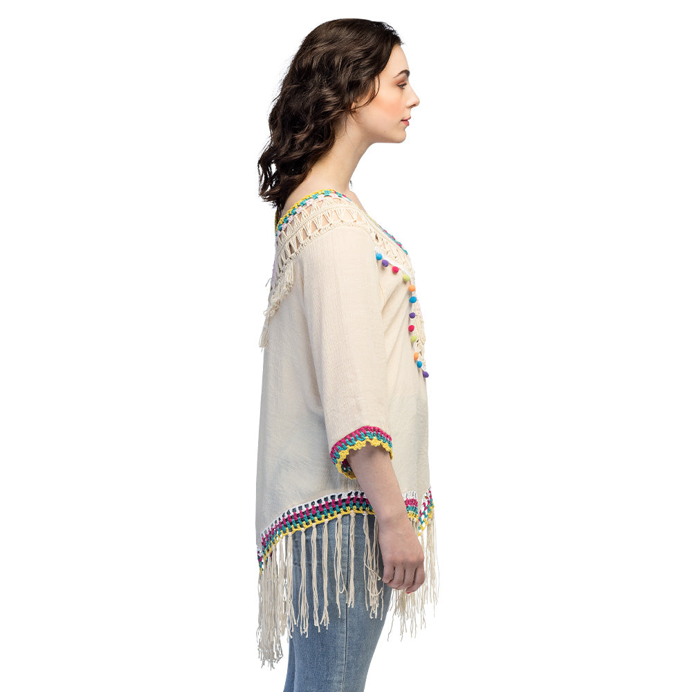 Poncho Bohème Chic avec Franges et Pompons Colorés