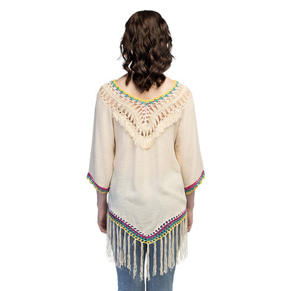 Poncho Bohème Chic avec Franges et Pompons Colorés