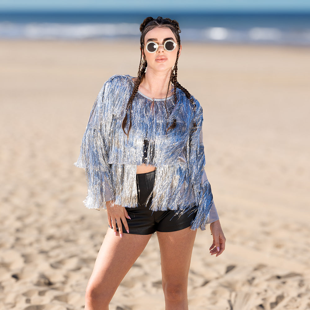 Cape à Franges Paillettes Argent - Déguisement Disco Glamour