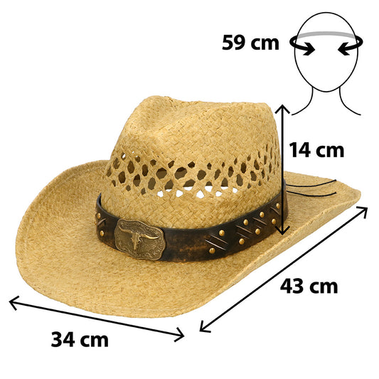 Chapeau Cowboy Paille Marron avec Bande Cuir - Accessoire Déguisement