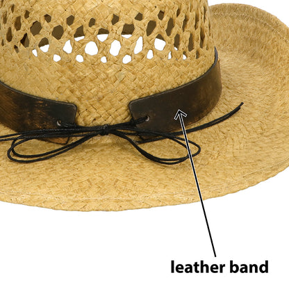 Chapeau Cowboy Paille Marron avec Bande Cuir - Accessoire Déguisement