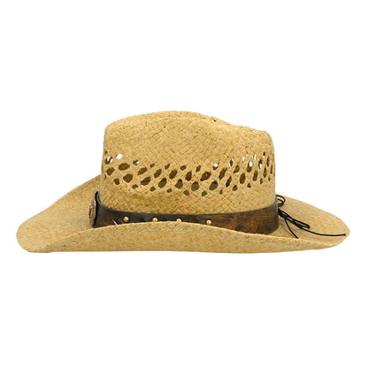 Chapeau Cowboy Paille Marron avec Bande Cuir - Accessoire Déguisement