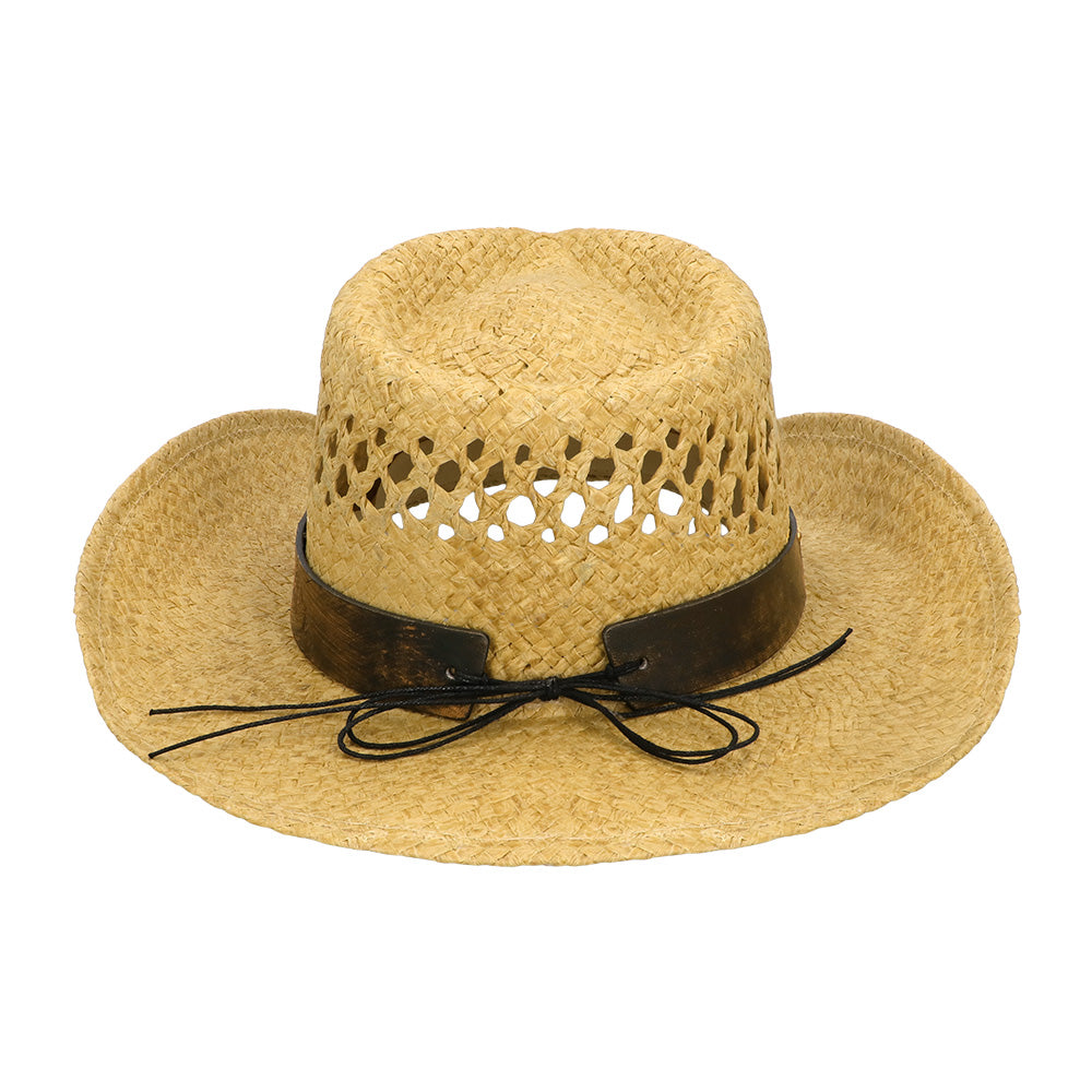 Chapeau Cowboy Paille Marron avec Bande Cuir - Accessoire Déguisement