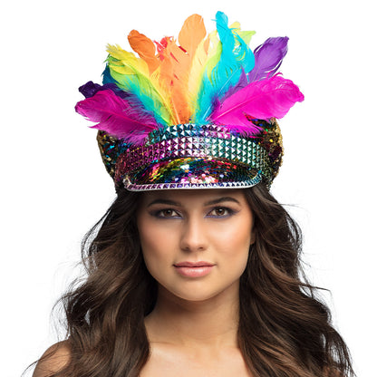 Coiffe Sequins Rainbow Plumes Colorées - Accessoire Fête