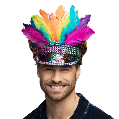Coiffe Sequins Rainbow Plumes Colorées - Accessoire Fête