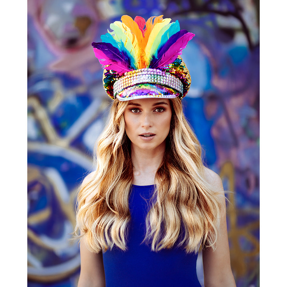 Coiffe Sequins Rainbow Plumes Colorées - Accessoire Fête