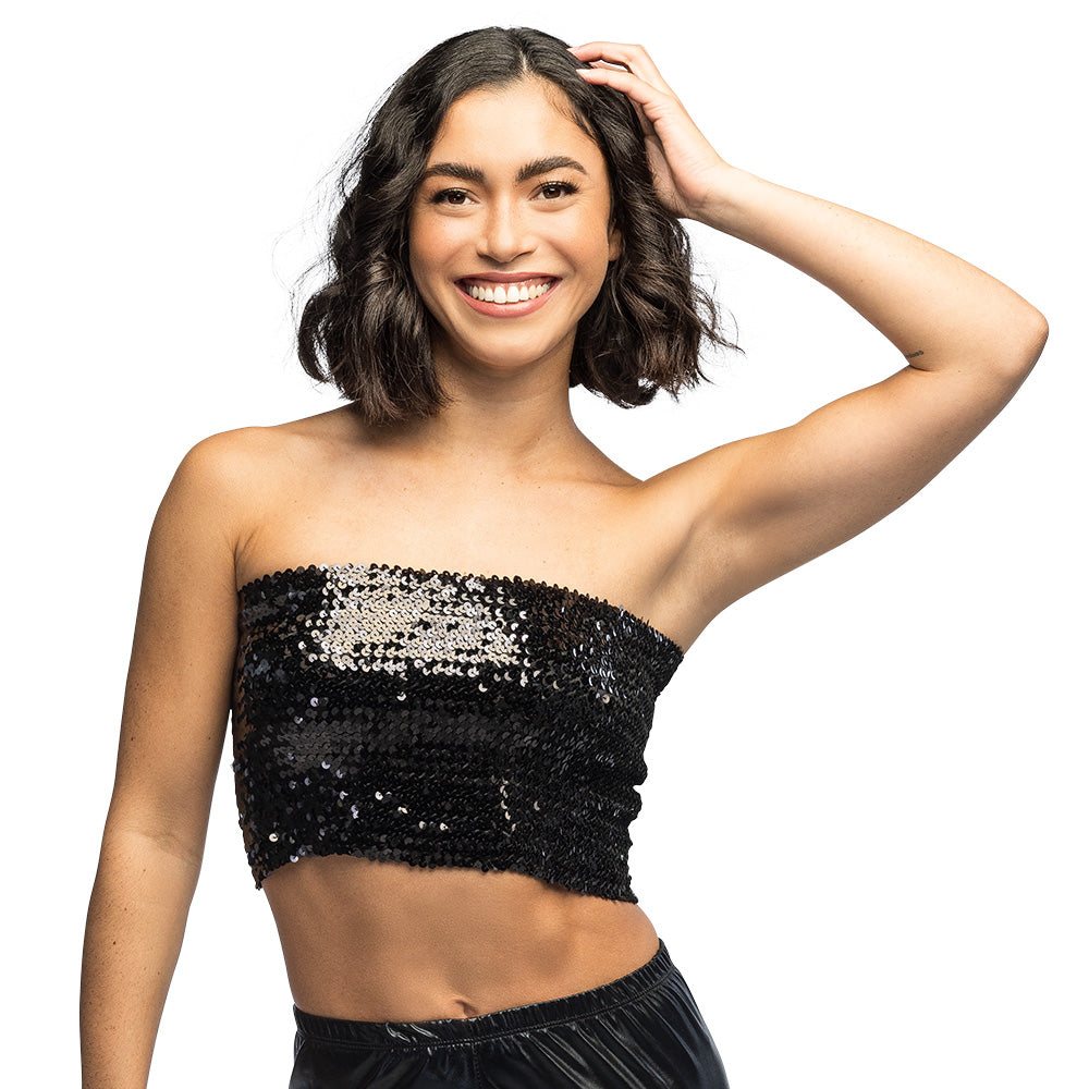 Crop Top Sequins Noir Stretchy - Accessoire Disco Soirée