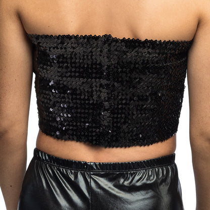 Crop Top Sequins Noir Stretchy - Accessoire Disco Soirée