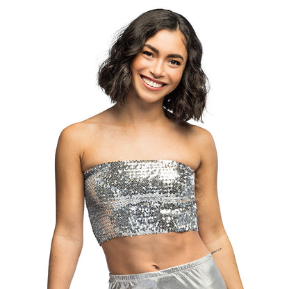 Top Paillettes Argent Stretch - Accessoire Disco Adulte