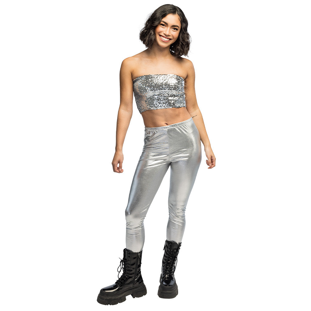 Top Paillettes Argent Stretch - Accessoire Disco Adulte