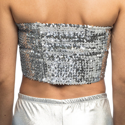 Top Paillettes Argent Stretch - Accessoire Disco Adulte