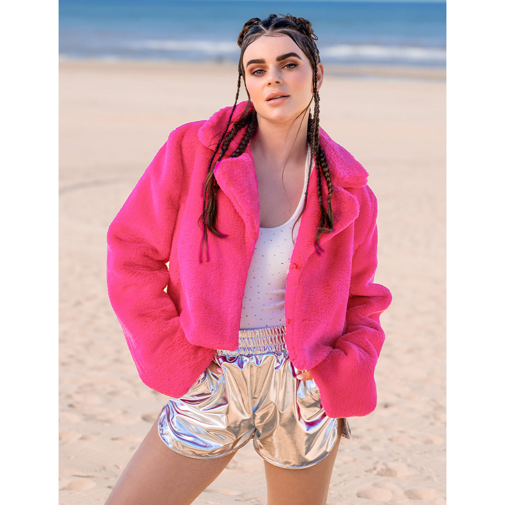 Veste Fourrure Rose Fluo Luxe - Déguisement Années 80