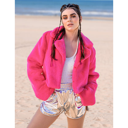 Veste Fourrure Rose Fluo Luxe - Déguisement Années 80