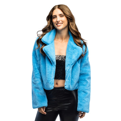 Veste Fourrure Synthétique Bleu Turquoise Courte Luxe