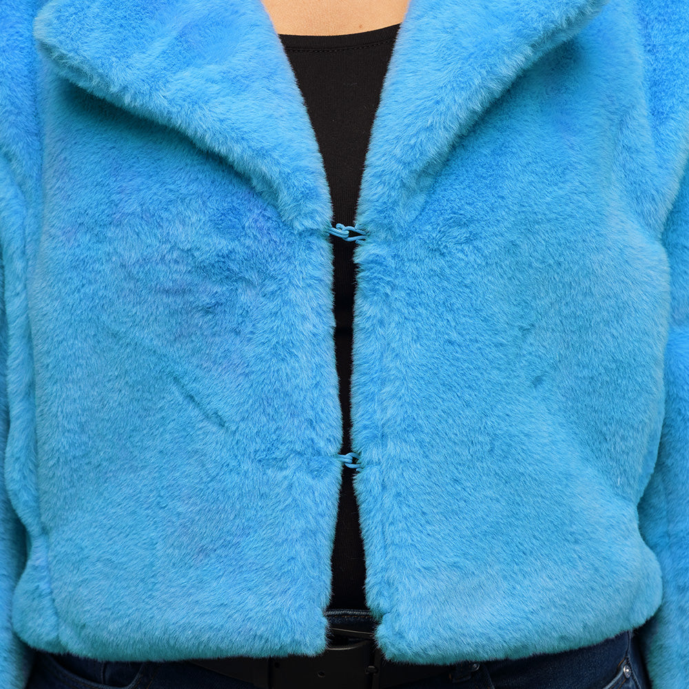 Veste Fourrure Synthétique Bleu Turquoise Courte Luxe