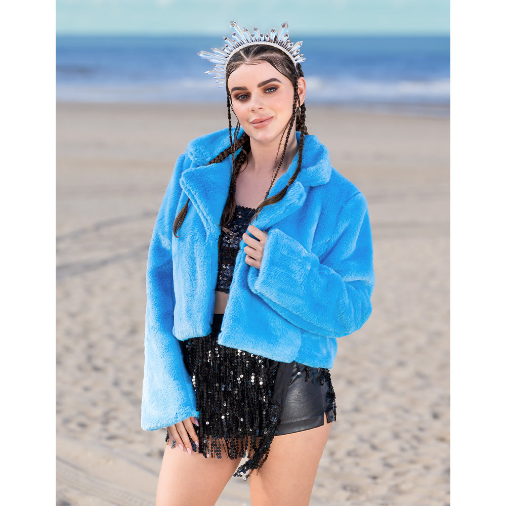 Veste Fourrure Synthétique Bleu Turquoise Courte Luxe