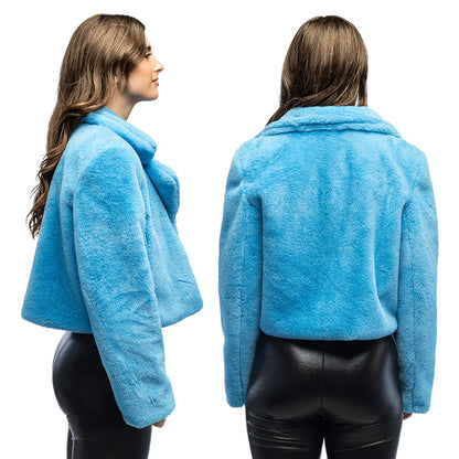 Veste Fourrure Synthétique Bleu Turquoise Courte Luxe