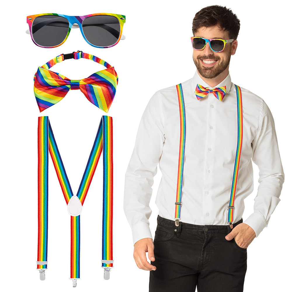 Kit Accessoires Rainbow Pride Complet - Lunettes, Noeud Pap', Bretelles