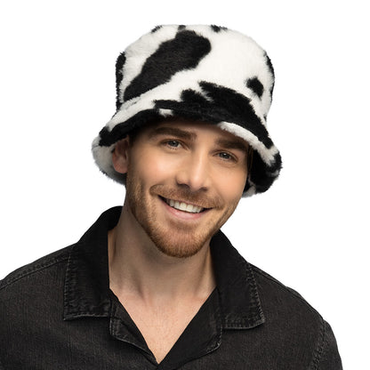 Bonnet Vache Peluche Blanc et Noir - Accessoire Fête Amusant