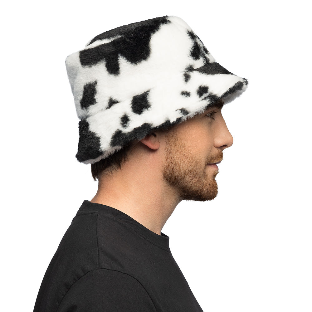 Bonnet Vache Peluche Blanc et Noir - Accessoire Fête Amusant