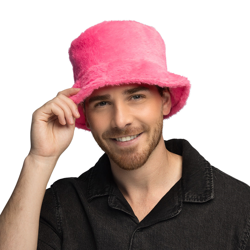 Chapeau Bucket Plush Rose Fluo 58cm - Accessoire Festival