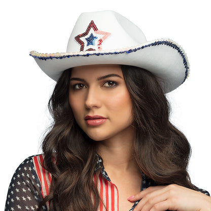Chapeau Cowboy Blanc Étoile Paillettes - Costume Adulte