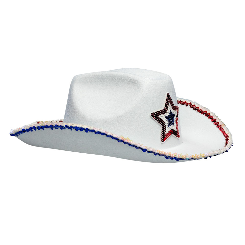 Chapeau Cowboy Blanc Étoile Paillettes - Costume Adulte