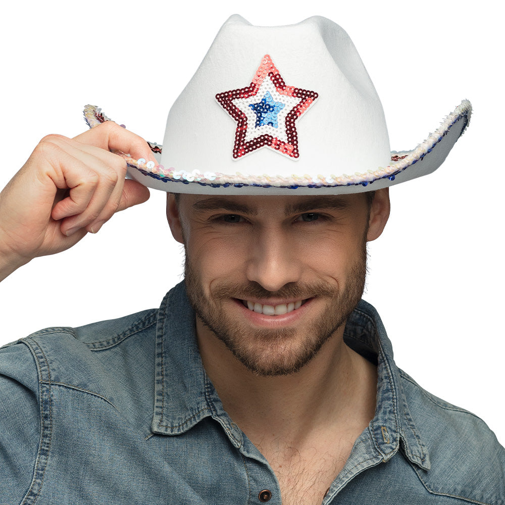 Chapeau Cowboy Blanc Étoile Paillettes - Costume Adulte