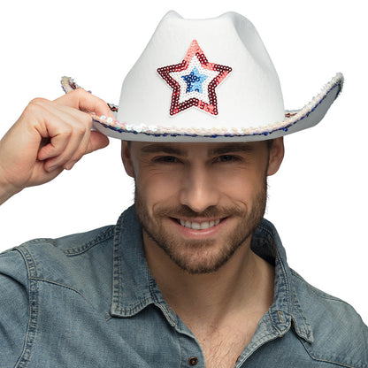 Chapeau Cowboy Blanc Étoile Paillettes - Costume Adulte