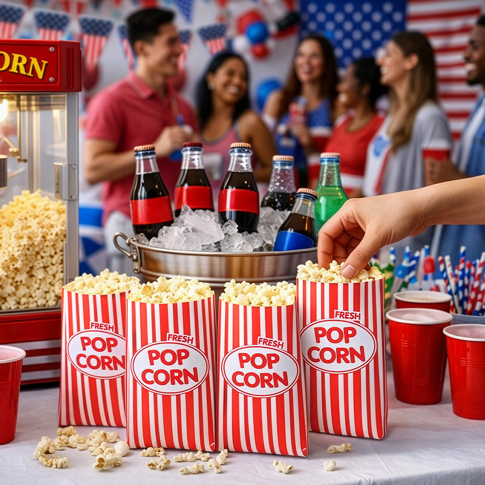 Sachets Popcorn Rayés Rouge & Blanc - Lot de 8 Sacs Cinéma