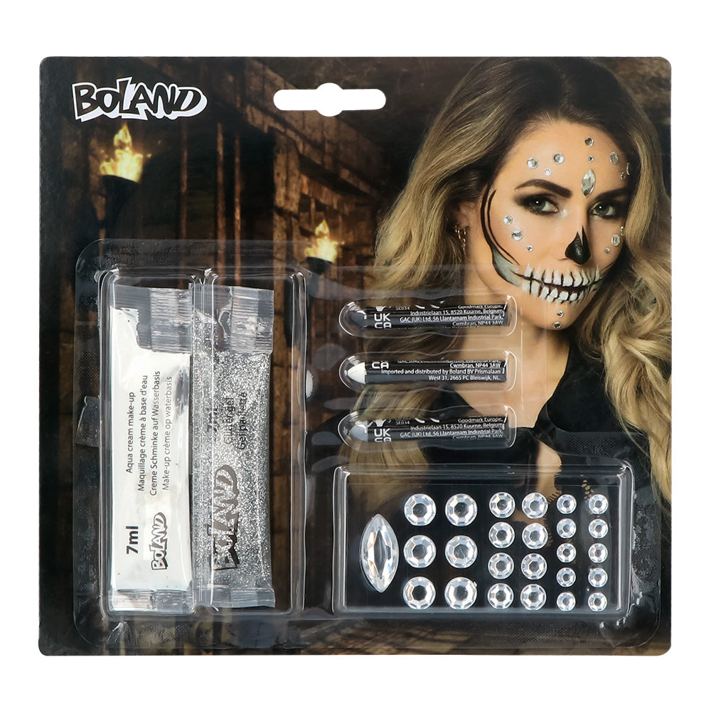 Kit Maquillage Squelette Halloween avec Strass et Glitter