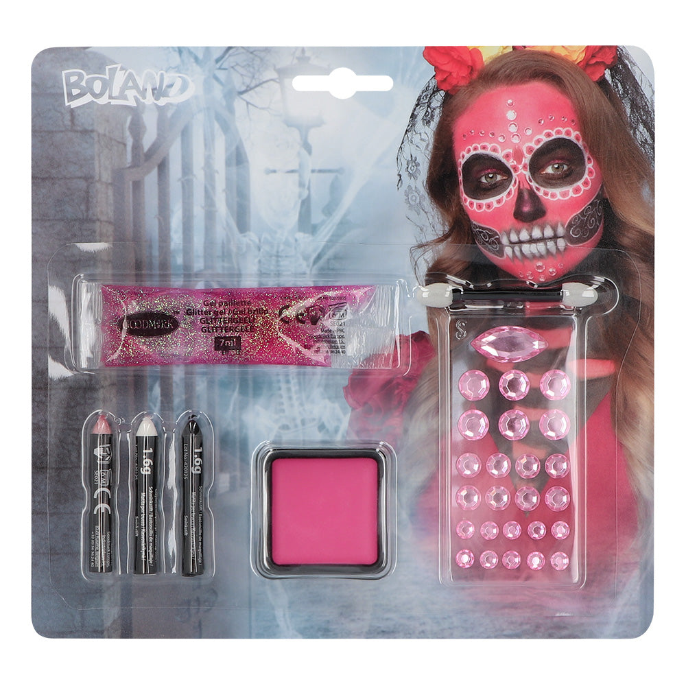 Kit Maquillage Crâne Mexicain Rose - Paillettes et Strass