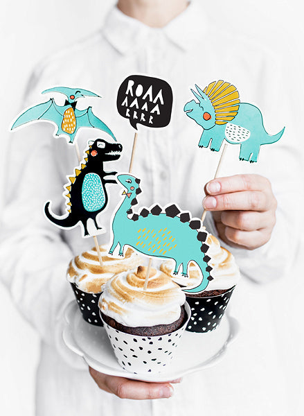 5 Cake toppers en carton dinosaures bleus 10,5 - 20 cm