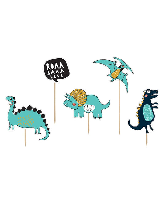 5 Cake toppers en carton dinosaures bleus 10,5 - 20 cm