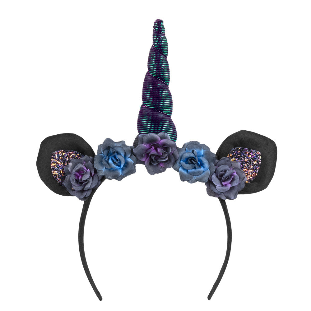 Serre-tête Licorne Noire avec Fleurs et Paillettes