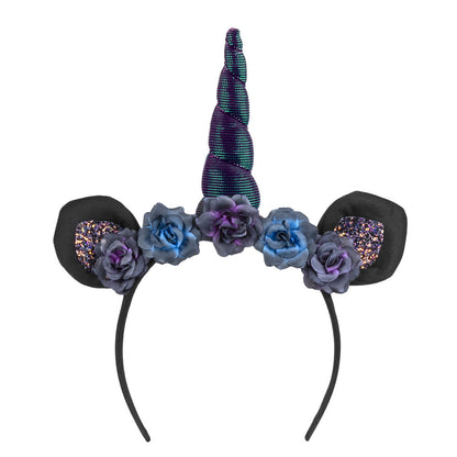 Serre-tête Licorne Noire avec Fleurs et Paillettes