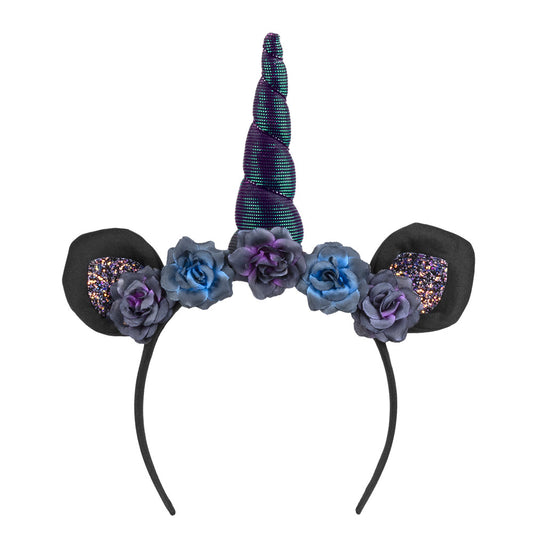 Serre-tête Licorne Noire avec Fleurs et Paillettes