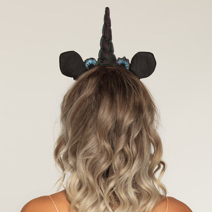 Serre-tête Licorne Noire avec Fleurs et Paillettes