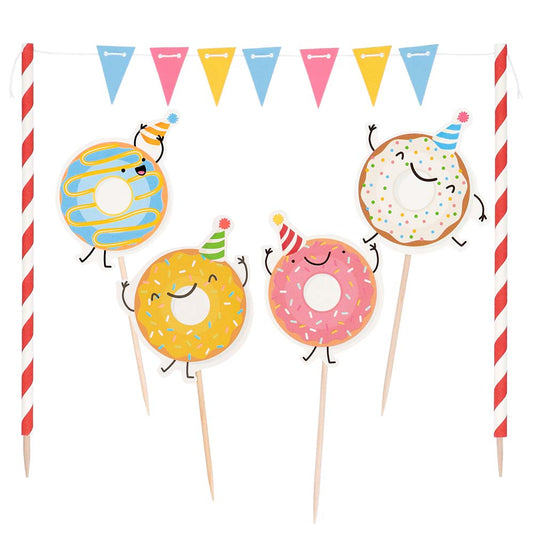 Kit Décoration Gâteau Donuts Joyeux - 4 Toppers Animés