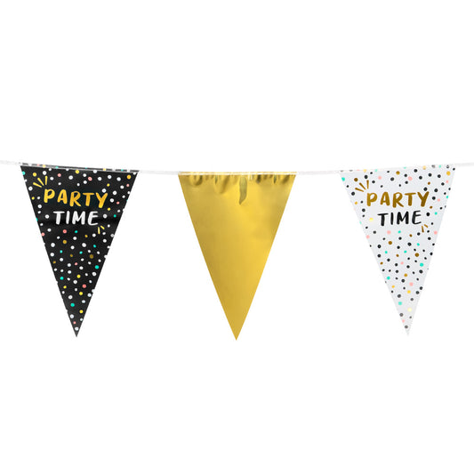 Guirlande de Drapeaux Party Time Noir, Or et Blanc