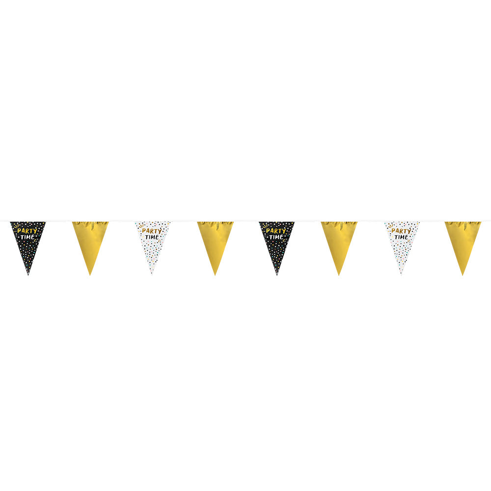 Guirlande de Drapeaux Party Time Noir, Or et Blanc