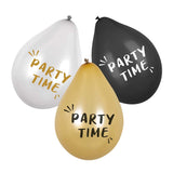 Ballons "Party Time" Dorés, Blancs et Noirs - Lot de 6